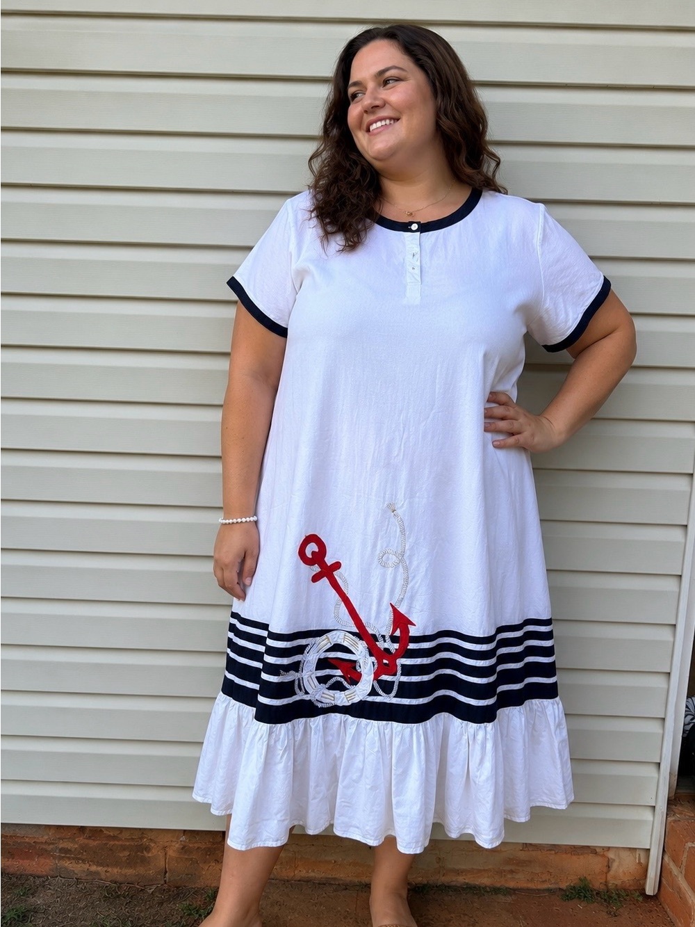 Vintage Sea Wind Nautical Anchor Dress Women 2X White Cotton Coastal Midi